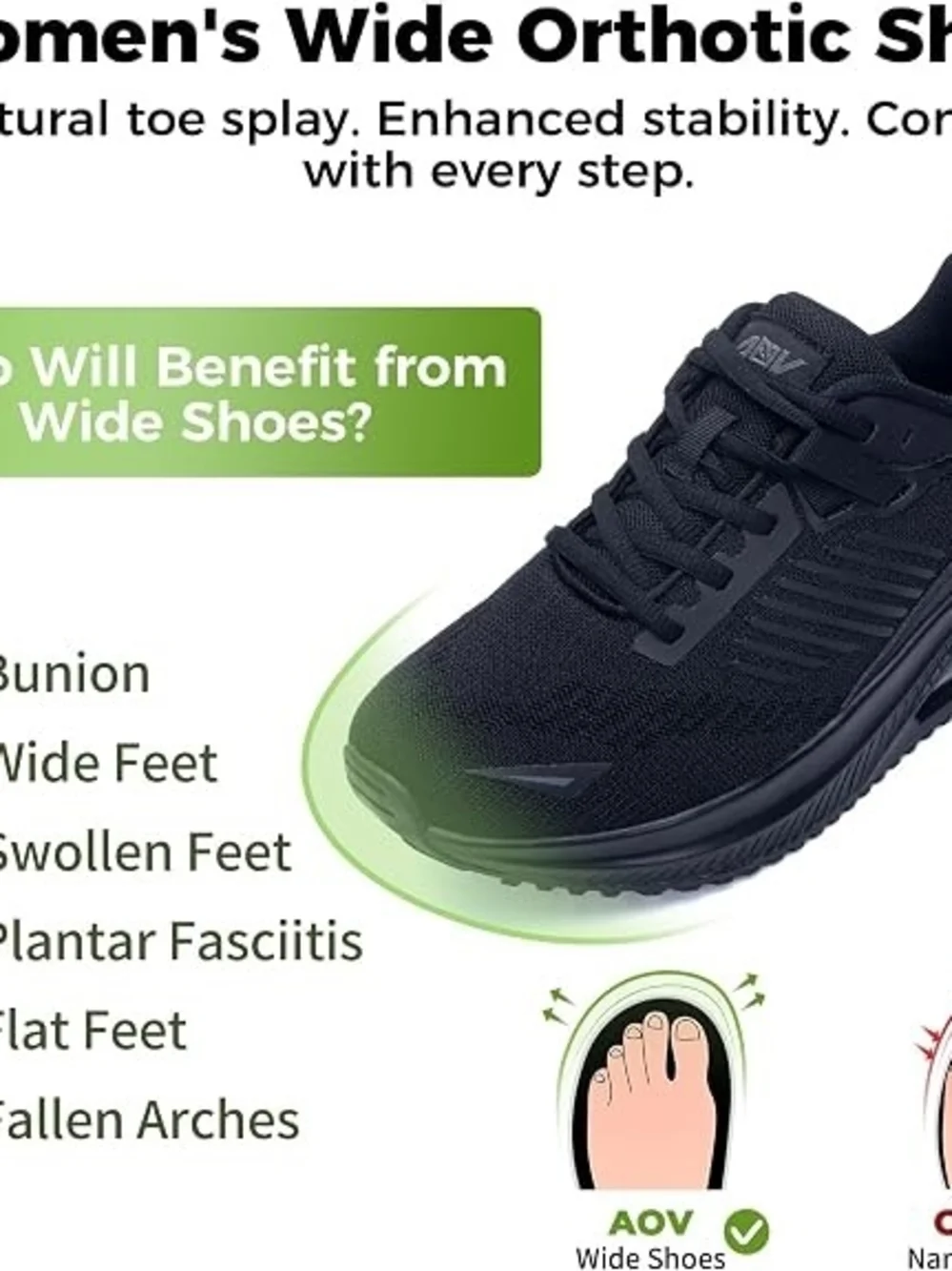 AOV Womens Wide Walking Shoes Arch Support Plantar Fasciitis Sneakers